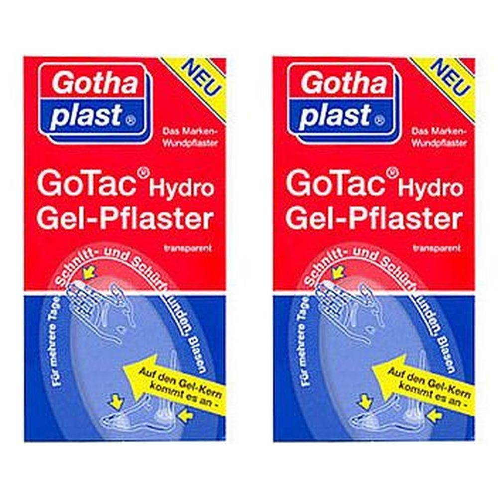 Zwei Packungen GoTac® Hydro Gel-Pflaster. Rote Verpackung mit weißer Schrift. Aufschrift: GoTac® Hydro Gel-Pflaster, transparent.