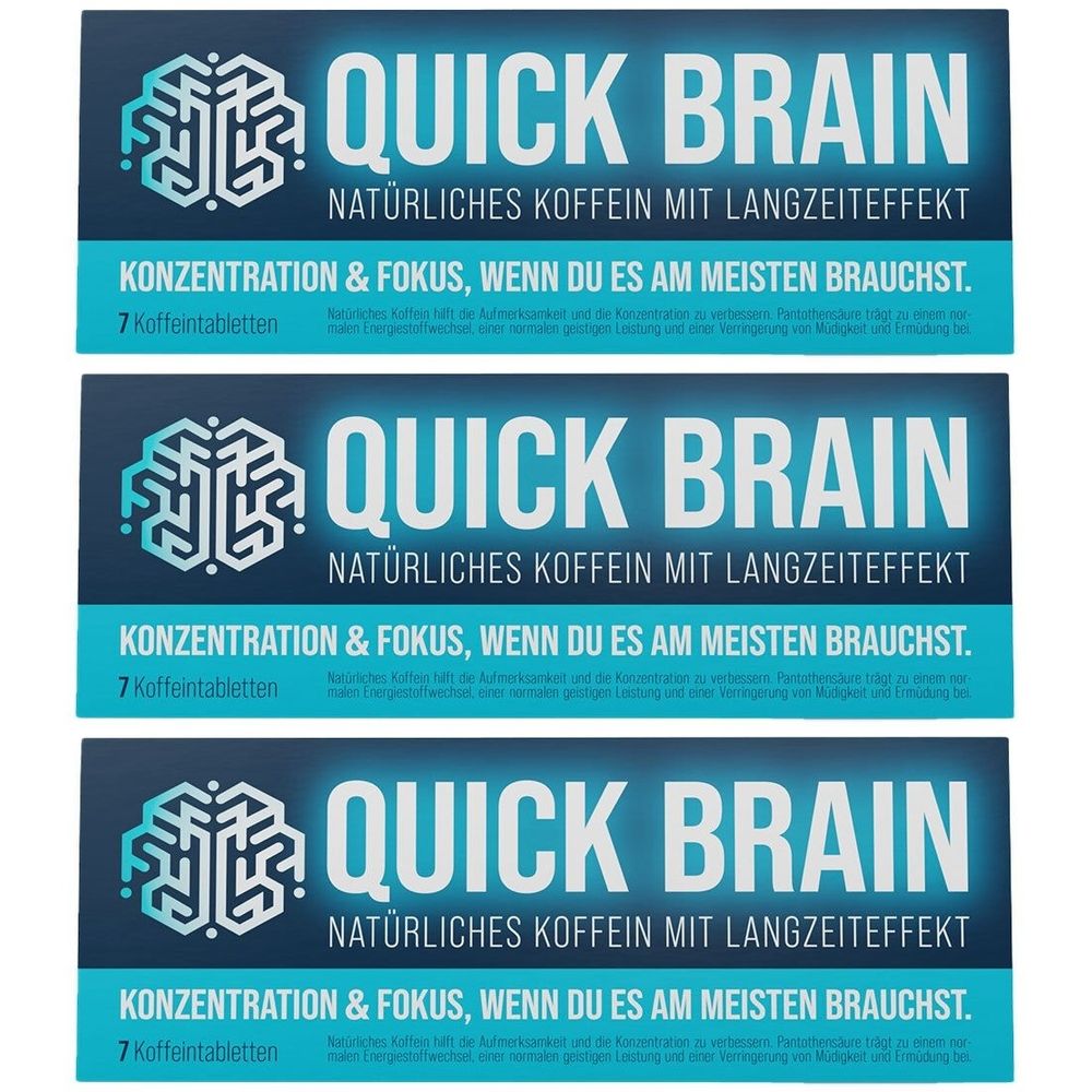 Drei Packungen QUICK BRAIN. Blaue Verpackung mit weißem Schriftzug. Enthält 7 Koffeintabletten. Text: Natürliches Koffein mit Langzeiteffekt.