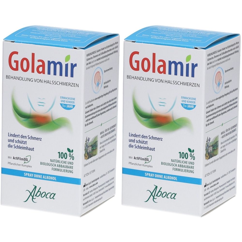 Zwei weiße Kartons mit Produktaufdruck. Aufschrift: Golamir, Behandlung von Halsschmerzen. Mit Logo und Text in Grün und Blau.