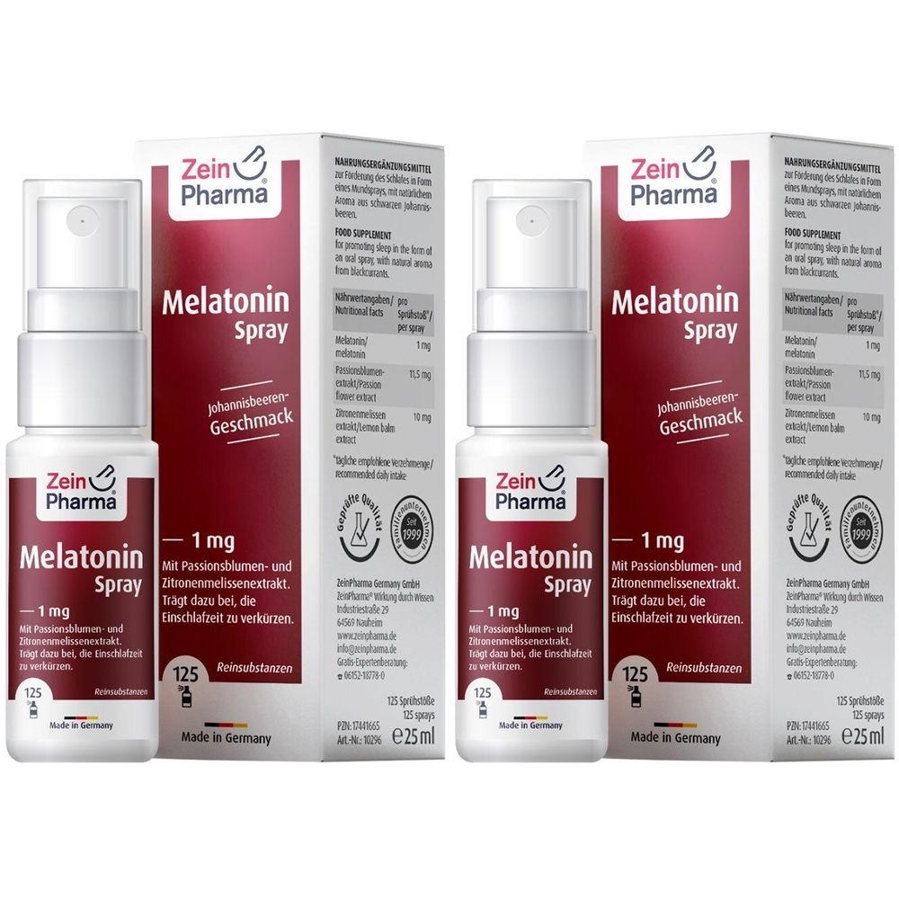 Zwei Flaschen Melatonin Spray. Weiße Flaschen mit Sprühkopf und roter Beschriftung. Zein Pharma Logo und Produktname.