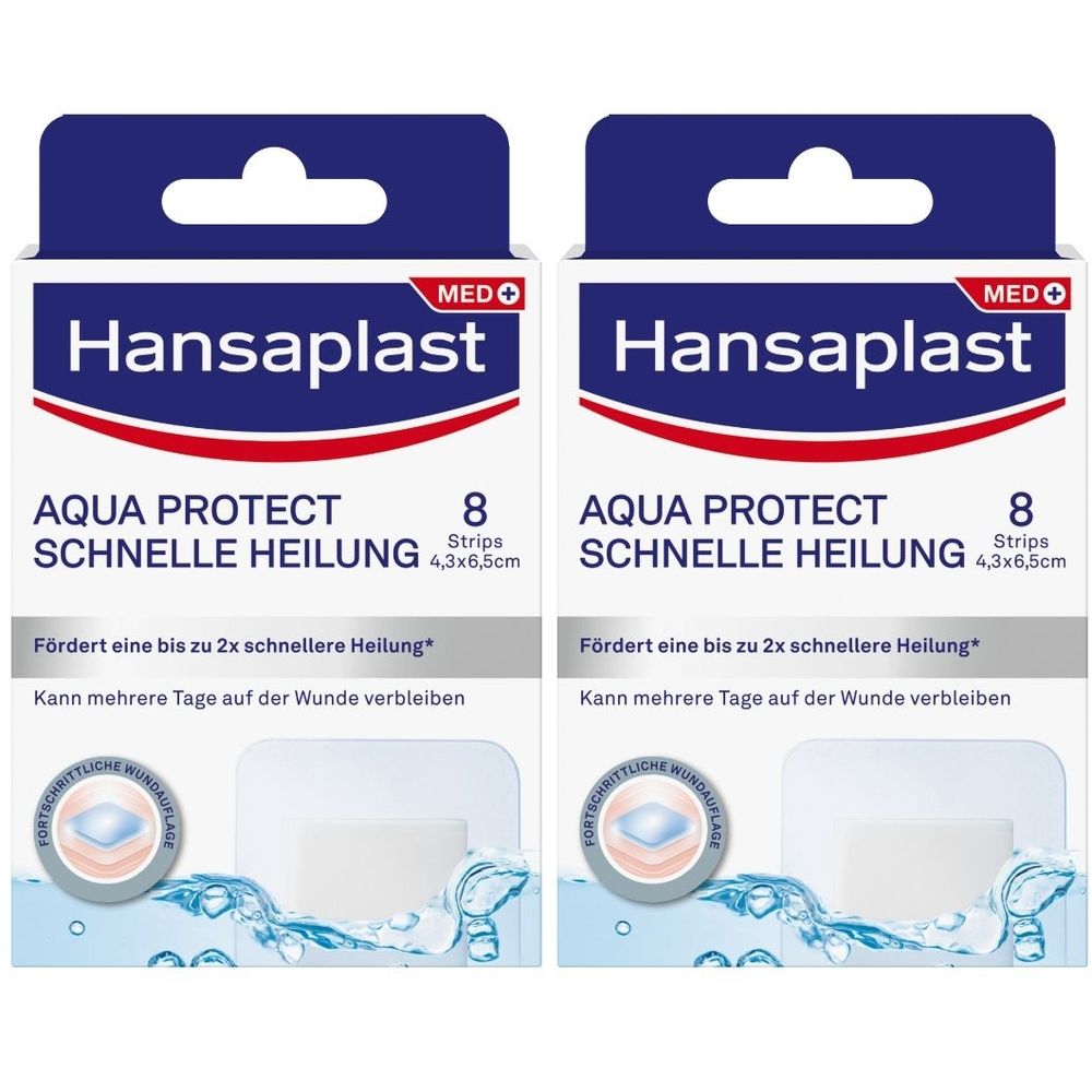 Zwei Packungen Hansaplast Aqua Protect. Jede Packung enthält 8 Strips. Aufschrift: Aqua Protect, schnelle Heilung, 4,3x6,5cm.