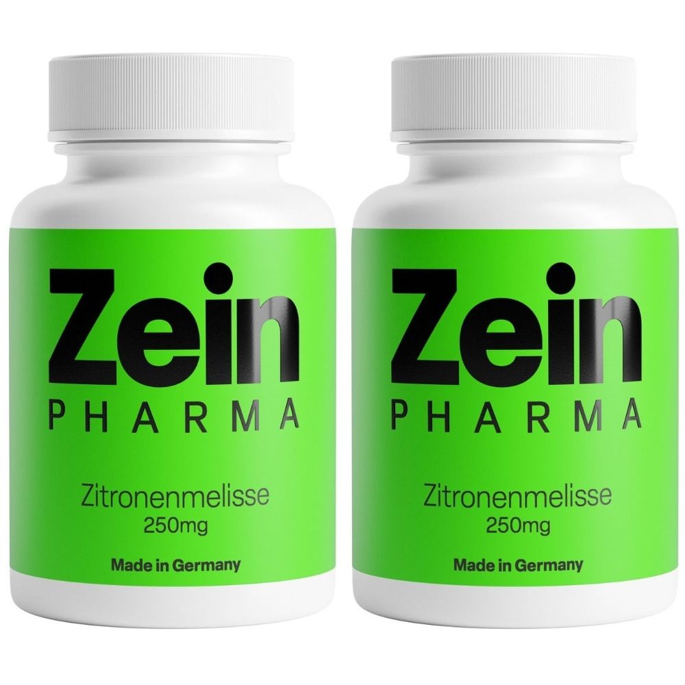Zwei weiße Flaschen mit grünem Etikett. Aufschrift: Zein Pharma, Zitronenmelisse 250mg, Made in Germany.
