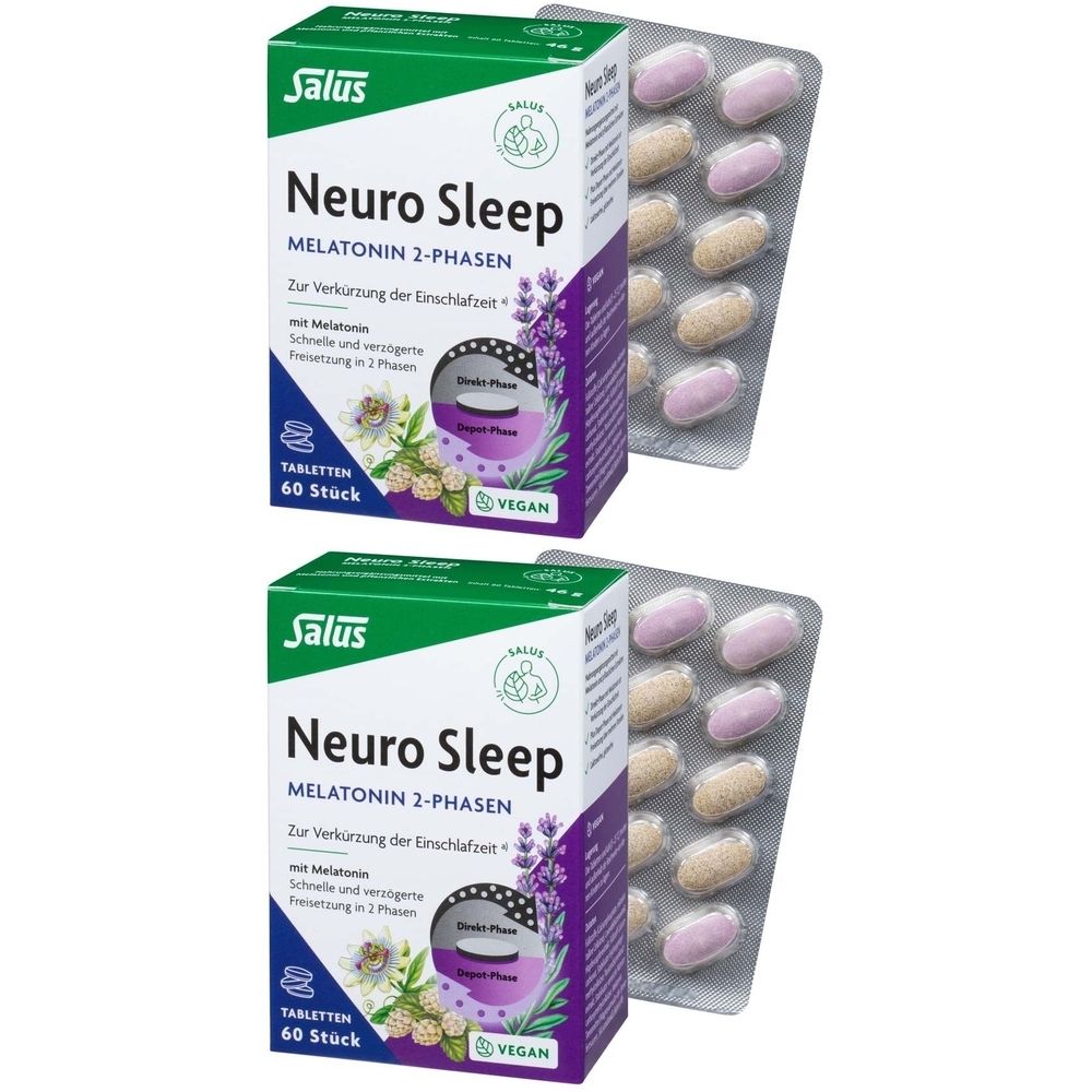 Zwei Packungen Salus Neuro Sleep Tabletten. Jede Packung enthält 60 Tabletten. Tabletten in Blisterpackungen, teilweise sichtbar.