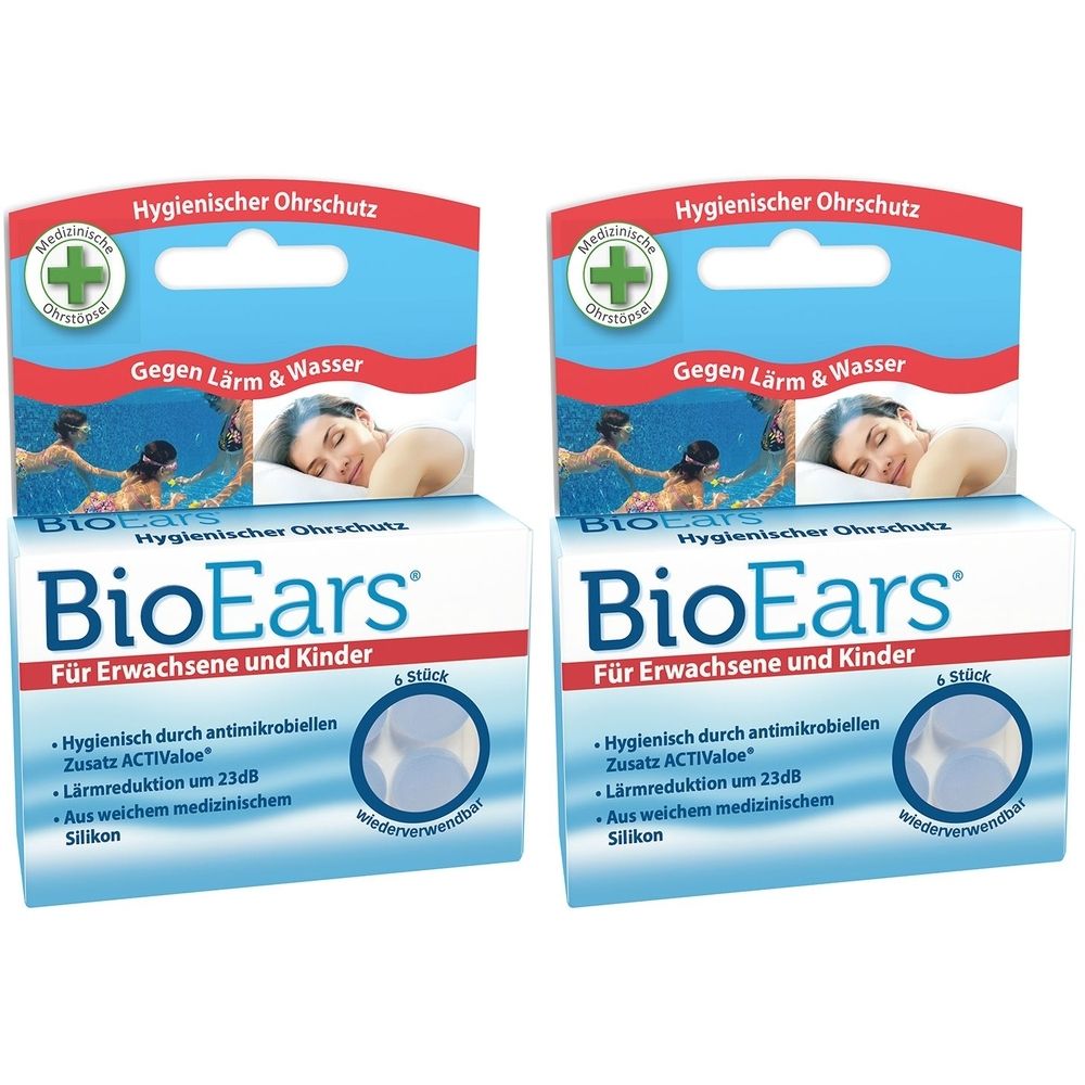 Zwei Packungen Ohrstöpsel. Aufschrift: BioEars, für Erwachsene und Kinder. Hygienischer Ohrschutz gegen Lärm und Wasser. 6 Stück.