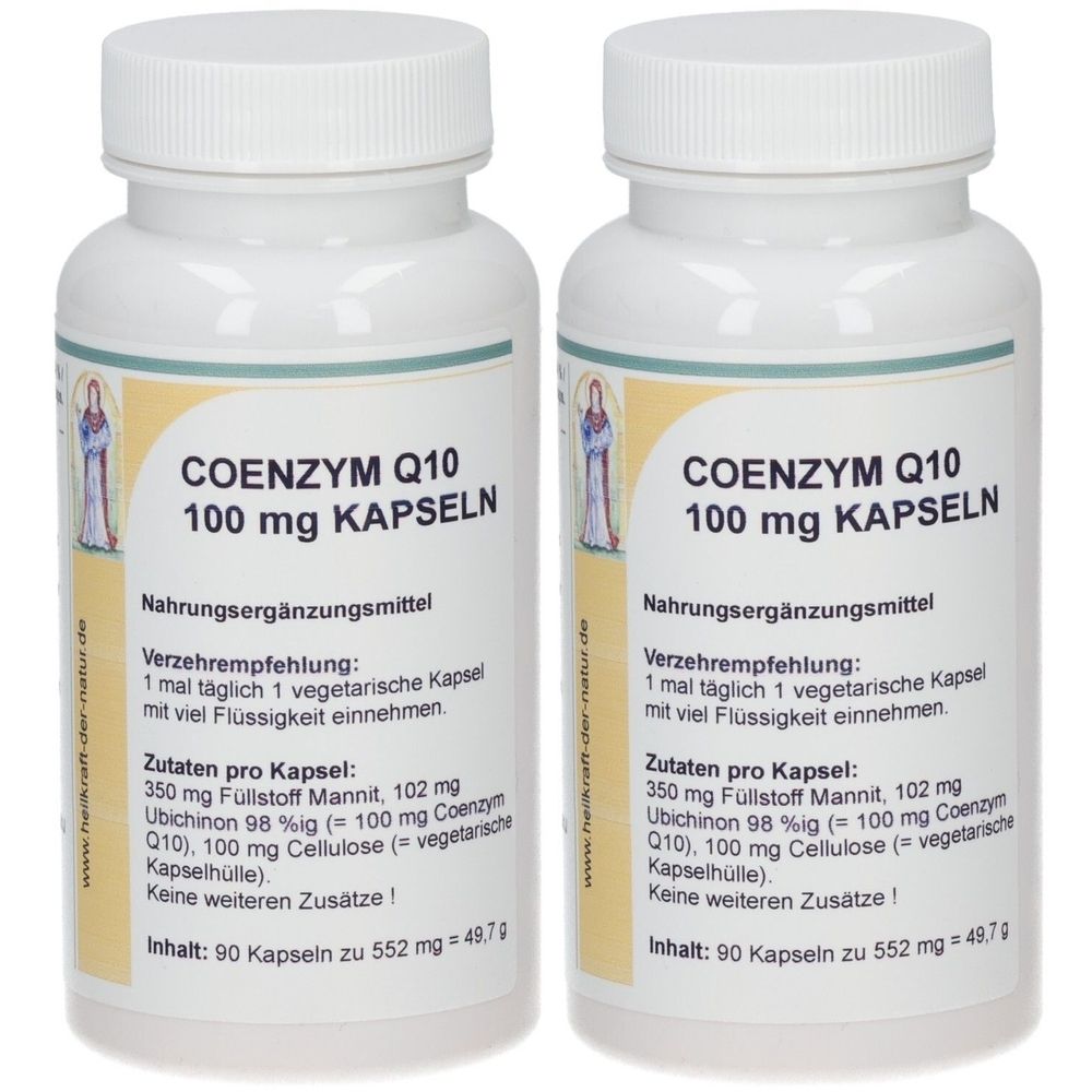 Zwei weiße Flaschen mit Schraubverschluss. Aufschrift: Coenzym Q10 100 mg Kapseln. Nahrungsergänzungsmittel. Enthält 90 Kapseln.