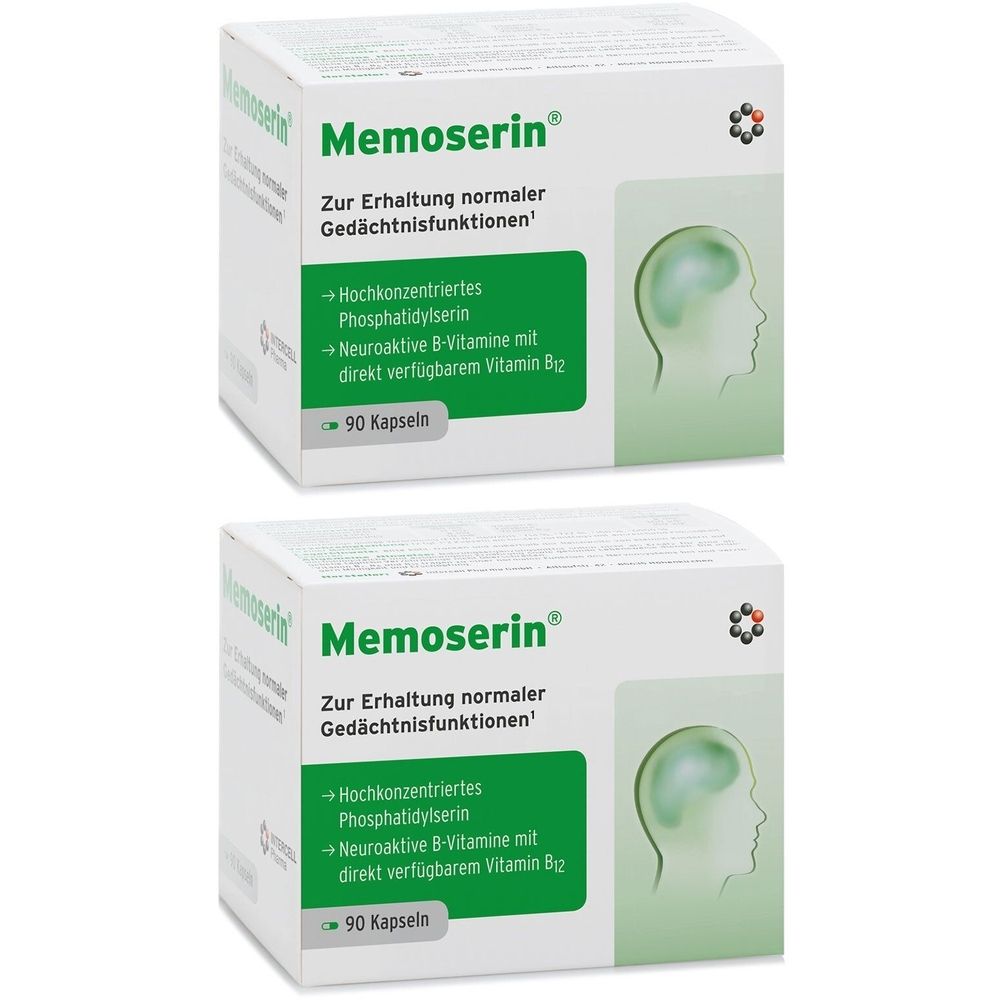 Zwei weiße Schachteln mit dem Produktnamen Memoserin®. Aufschrift: Zur Erhaltung normaler Gedächtnisfunktionen. Enthält 90 Kapseln.