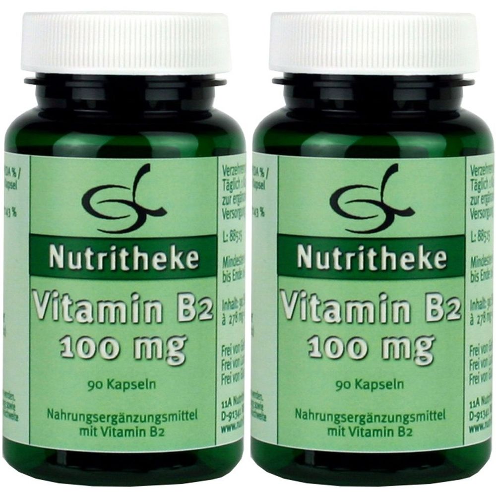 Zwei grüne Flaschen mit weißem Deckel. Aufschrift: Nutritheke Vitamin B2 100 mg, 90 Kapseln. Nahrungsergänzungsmittel mit Vitamin B2.