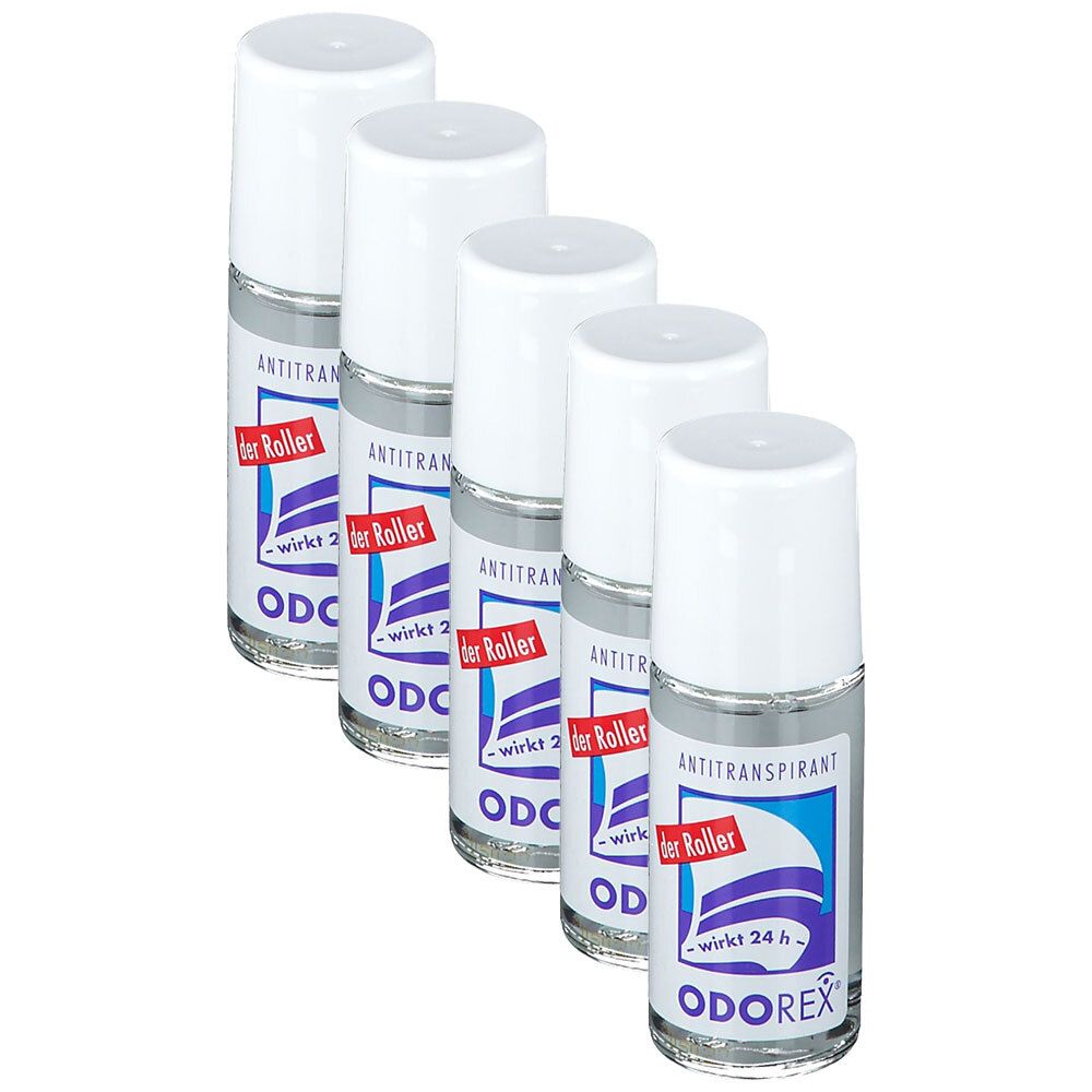 Sechs Roll-on-Flaschen mit weißen Kappen. Auf den Etiketten steht "ANTITRANSPIRANT" und "ODOREX".