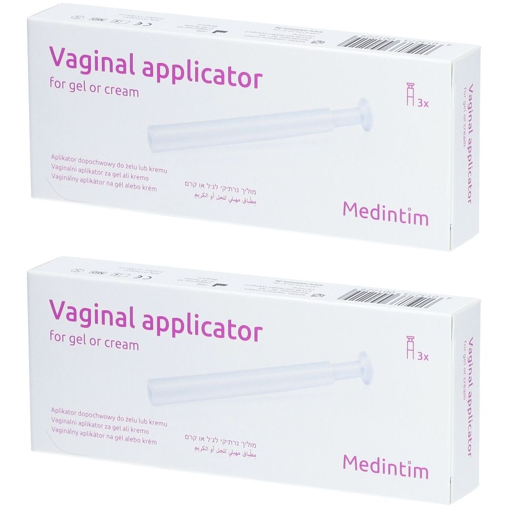 Zwei Schachteln mit Vaginalapplikatoren. Aufschrift: "Vaginal applicator for gel or cream". Marke: Medintim. Enthält 3 Applikatoren.