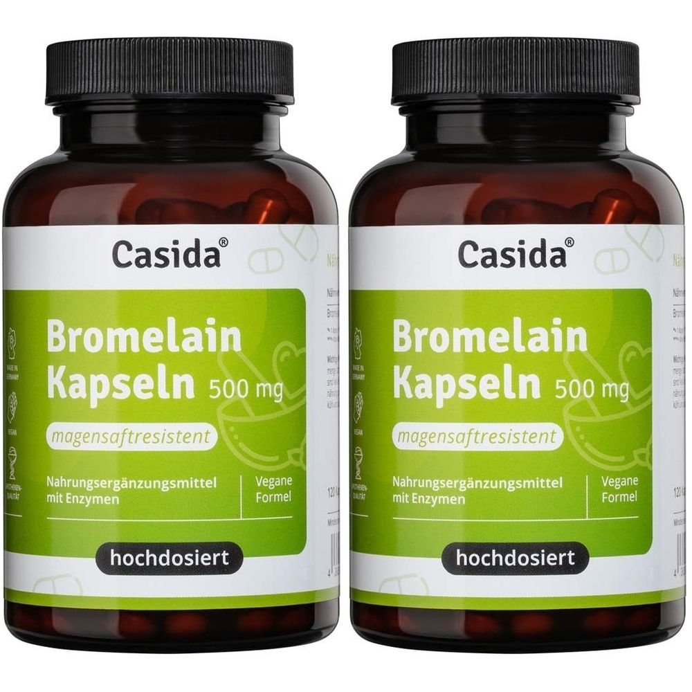 Zwei braune Flaschen mit schwarzen Deckeln. Auf den Etiketten steht "Casida Bromelain Kapseln 500 mg".