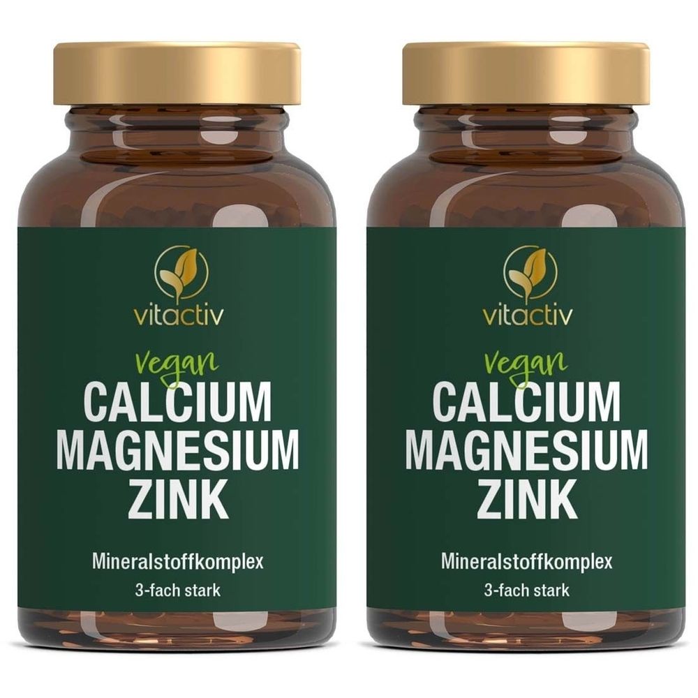 Zwei Flaschen mit braunem Inhalt und goldenem Deckel. Aufschrift: Vitactiv, Vegan, Calcium, Magnesium, Zink. Mineralstoffkomplex, 3-fach stark.
