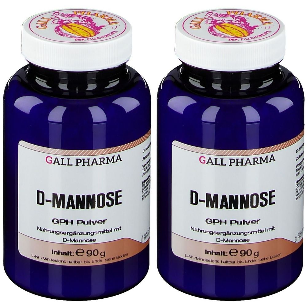 Zwei blaue Flaschen mit weißem Deckel. Aufschrift: D-Mannose, GPH Pulver, Gall Pharma. Inhalt: 90g.
