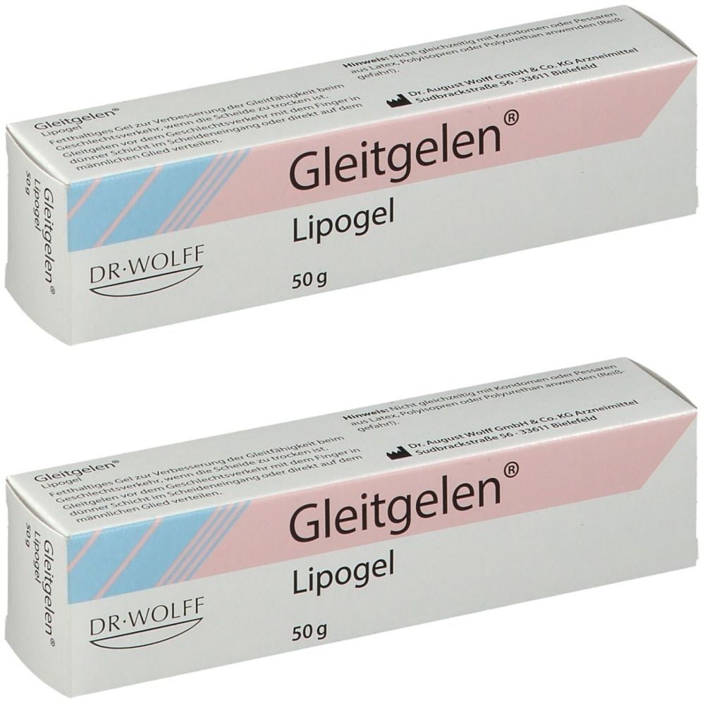 Zwei Tuben Gleitgelen Lipogel. Weiße Verpackung mit rosa und blauen Akzenten. Aufschrift: Gleitgelen, Lipogel, 50g. Marke: DR. WOLFF.