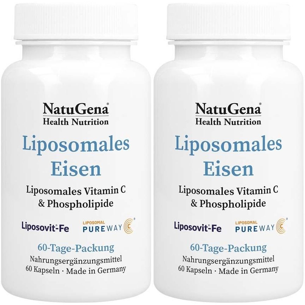 Zwei weiße Flaschen mit Schraubverschluss. Aufschrift: NatuGena, Liposomales Eisen, Liposomales Vitamin C & Phospholipide. 60-Tage-Packung.