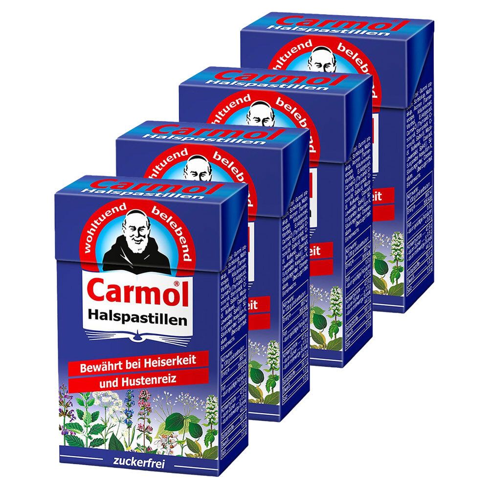 Vier Packungen Carmol Halspastillen. Blaue Schachteln mit Produktnamen, Abbildung eines Mönchs und Kräutern. Aufschrift: zuckerfrei.