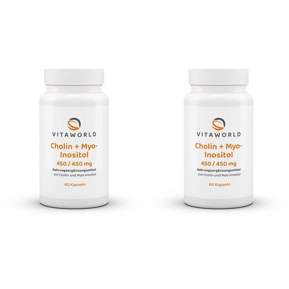 Zwei weiße Flaschen mit dem Produktnamen Cholin + Myo-Inositol. Aufschrift: 450/450 mg, 60 Kapseln. Marke: VITAWORLD.