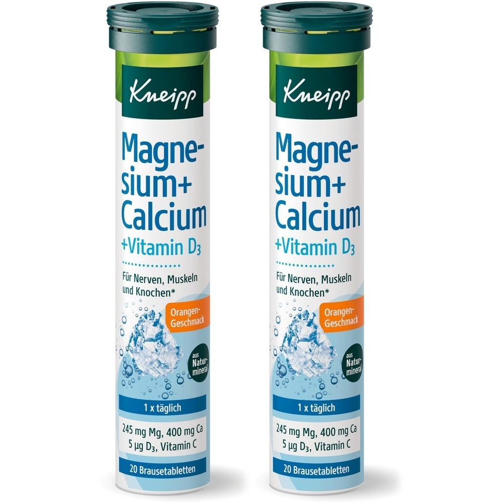 Zwei Tuben Kneipp Magnesium + Calcium + D3 Brausetabletten. Weiße Tabletten in zylindrischen Behältern mit grünem Deckel. Text: Magnesium, Calcium, Vitamin D3.