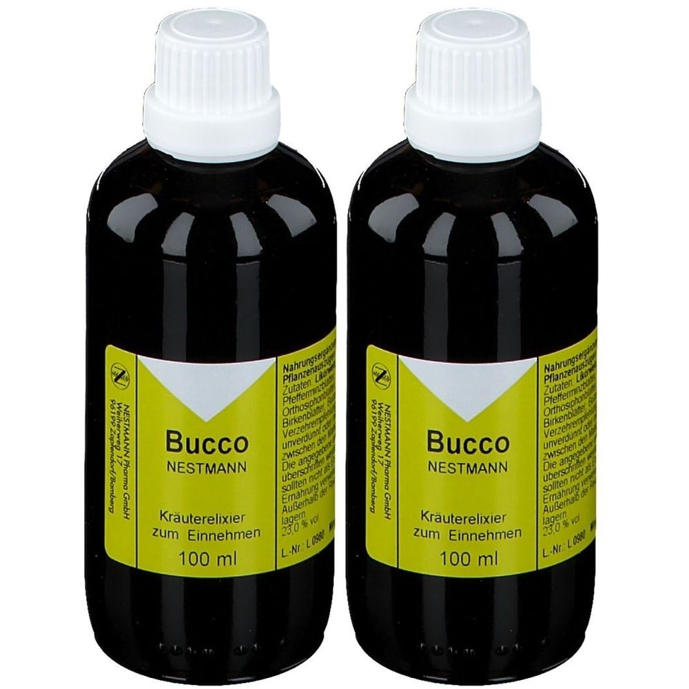 Zwei braune Flaschen mit weißem Verschluss. Auf gelbem Etikett steht "Bucco NESTMANN". Darunter "Kräuterelixier zum Einnehmen".