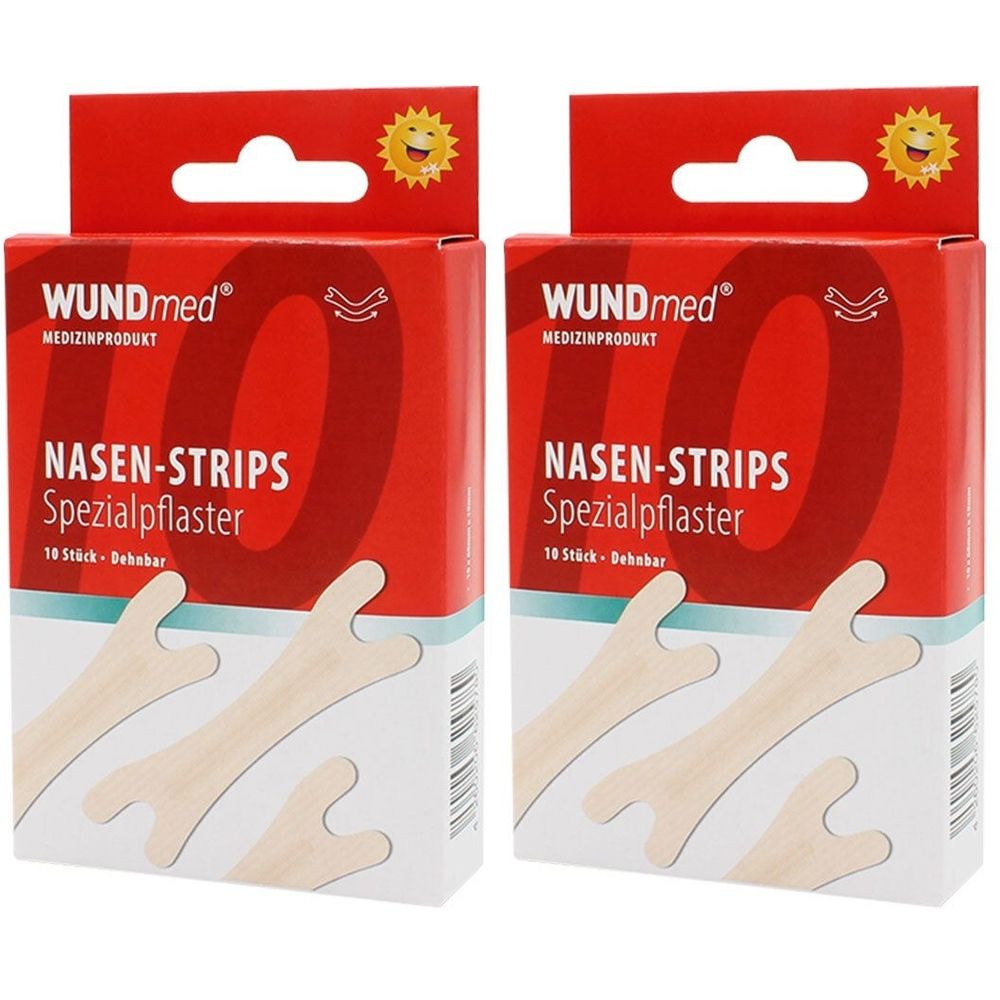 Zwei Packungen WUNDmed Nasen-Strips. Rote Verpackung mit Produktnamen und 10 Stück. Gezeigt sind beige Spezialpflaster.
