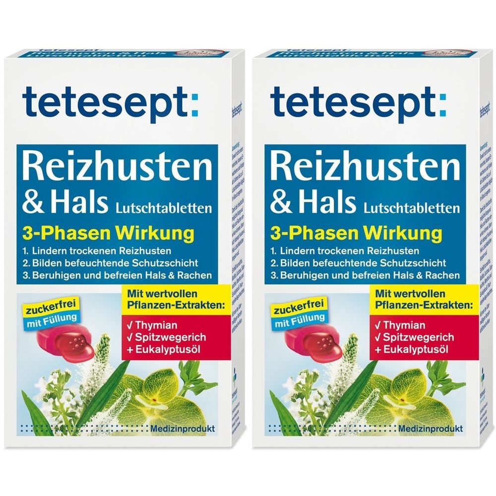 Zwei Packungen tetesept Reizhusten & Hals Lutschtabletten. Weiße Verpackung mit Produktnamen und Inhaltsstoffen.