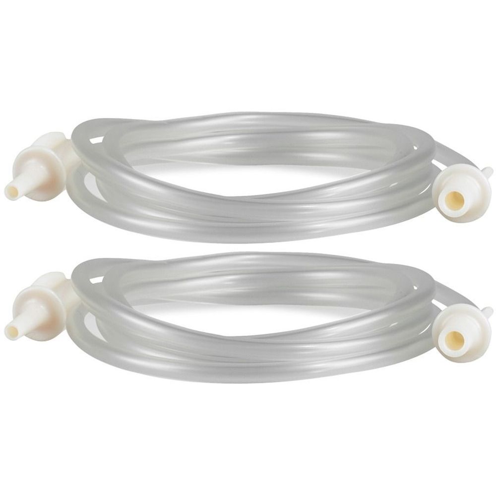 Zwei transparente Schläuche mit weißen Anschlüssen. Die Schläuche sind gewellt und liegen nebeneinander. Die Anschlüsse sind an den Enden angebracht.