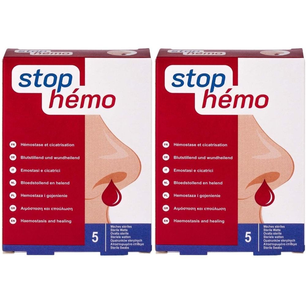Zwei Packungen mit roter und weißer Aufmachung. Aufschrift "stop hémo". Darstellung einer Nase mit Bluttropfen.