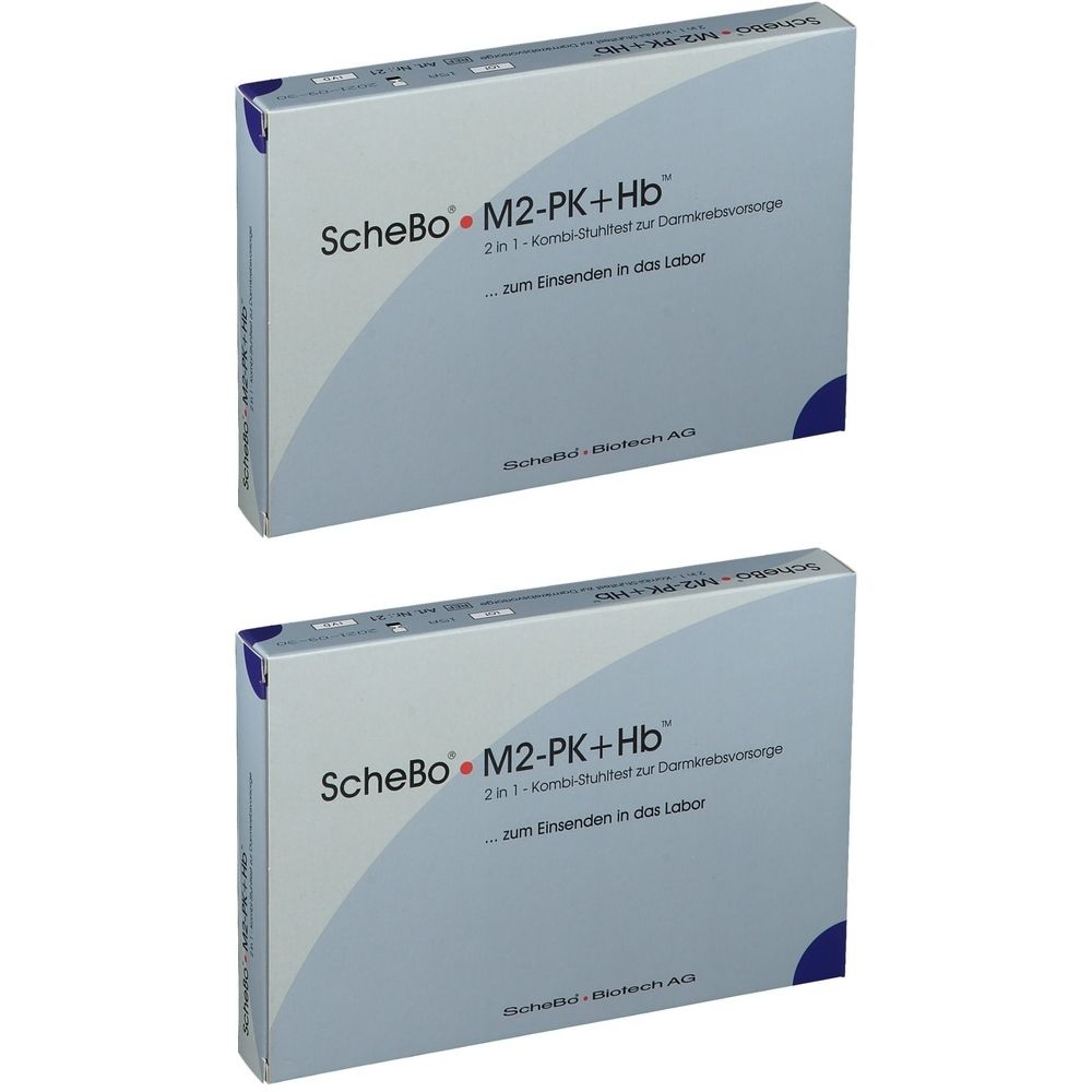 Zwei Schachteln ScheBo M2-PK+Hb. Hellgraue Verpackung mit blauer Schrift. Aufschrift: 2 in 1-Kombi-Stuhltest zur Darmkrebsvorsorge.