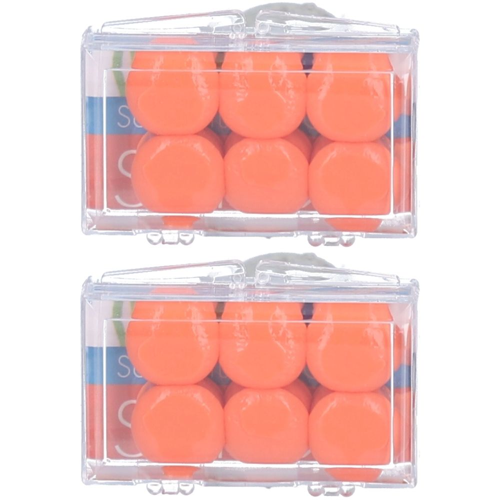 Zwei transparente Kunststoffboxen mit je neun orangefarbenen Ohrstöpseln. Die Boxen sind gestapelt.