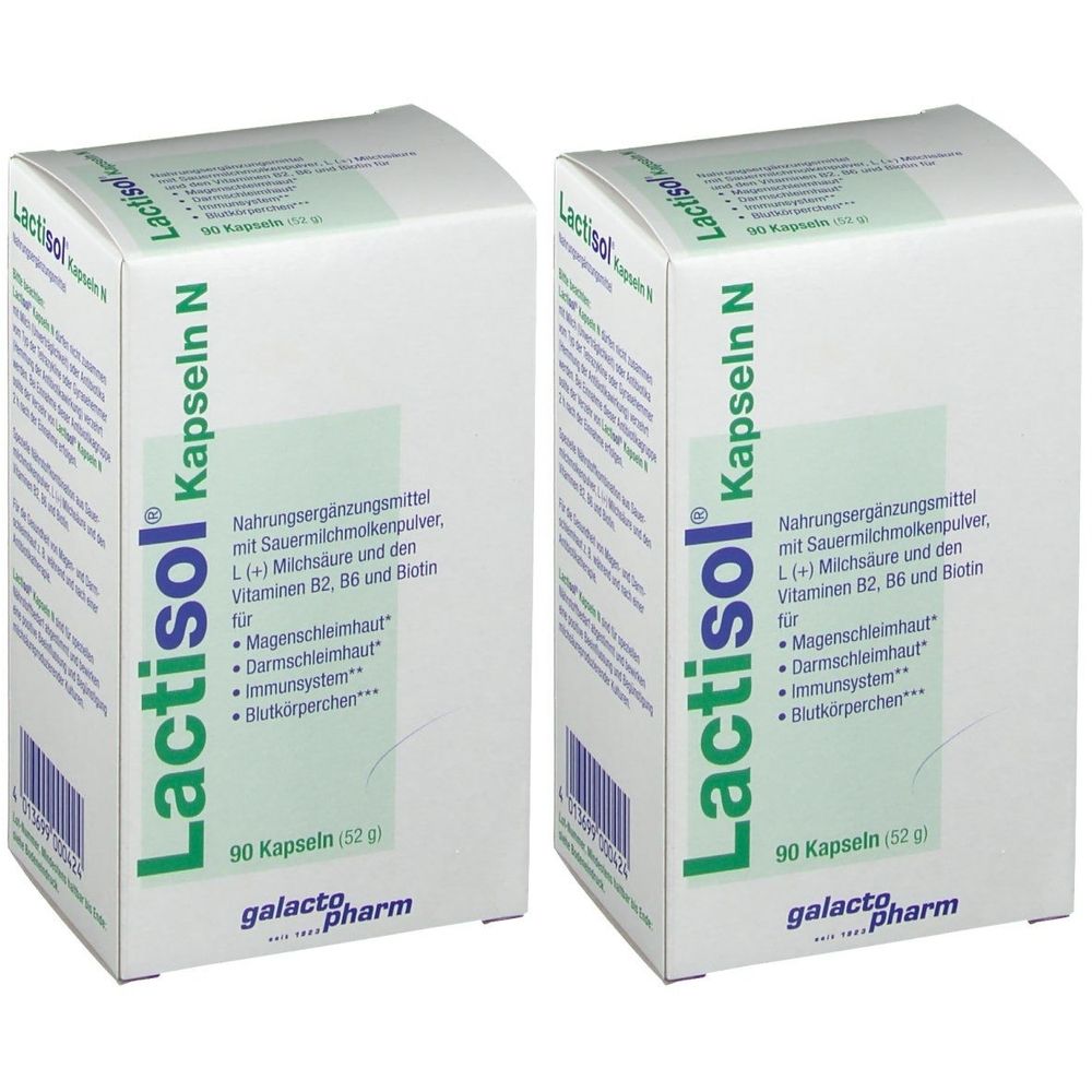 Zwei weiße Kartons mit der Aufschrift "Lactisol Kapseln N". Aufdrucke: 90 Kapseln, galacto pharm. Nahrungsergänzungsmittel.