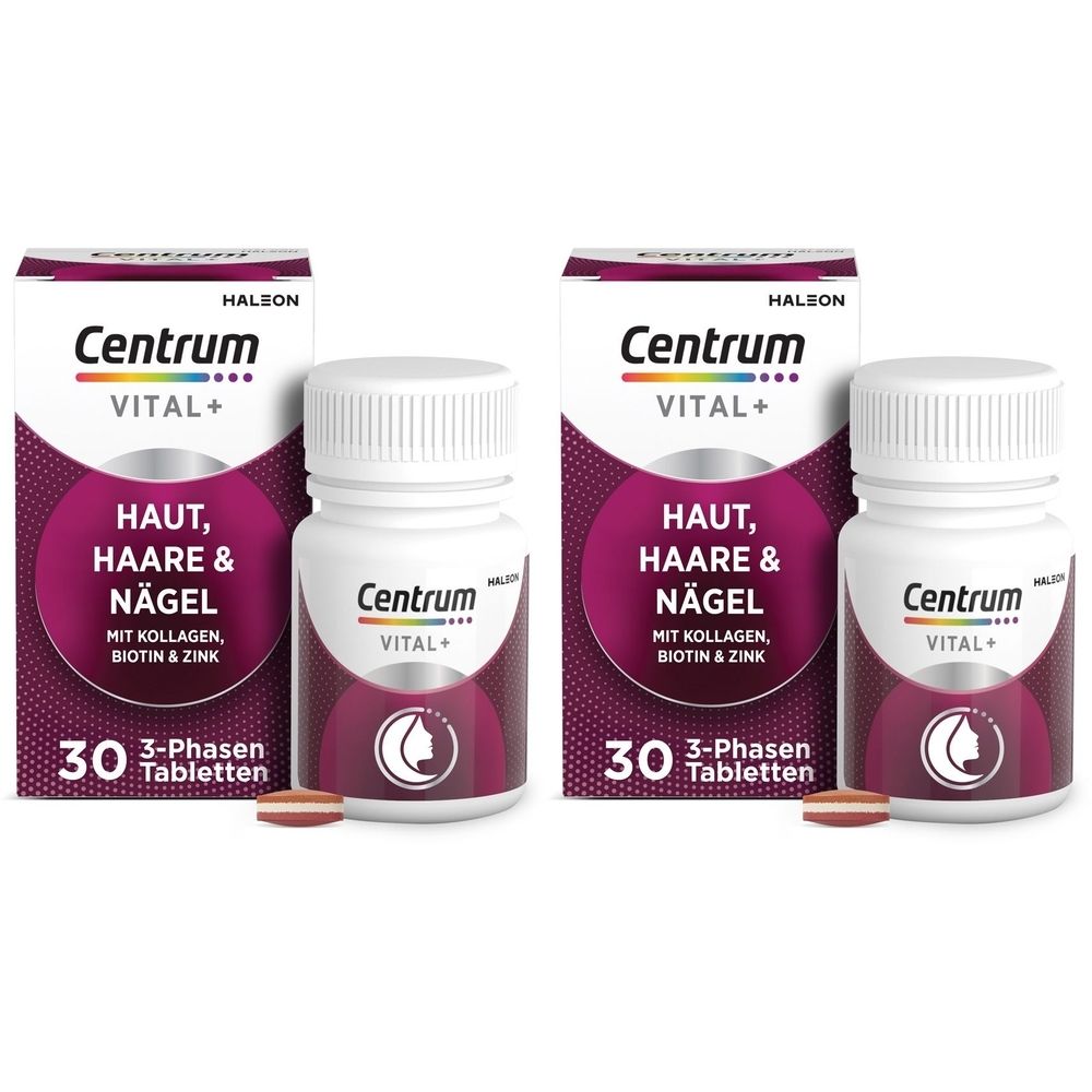 Zwei Packungen und Flaschen von Centrum Vital+ Haut, Haare & Nägel. Aufschrift: 30 Tabletten. Mit Kollagen, Biotin & Zink.