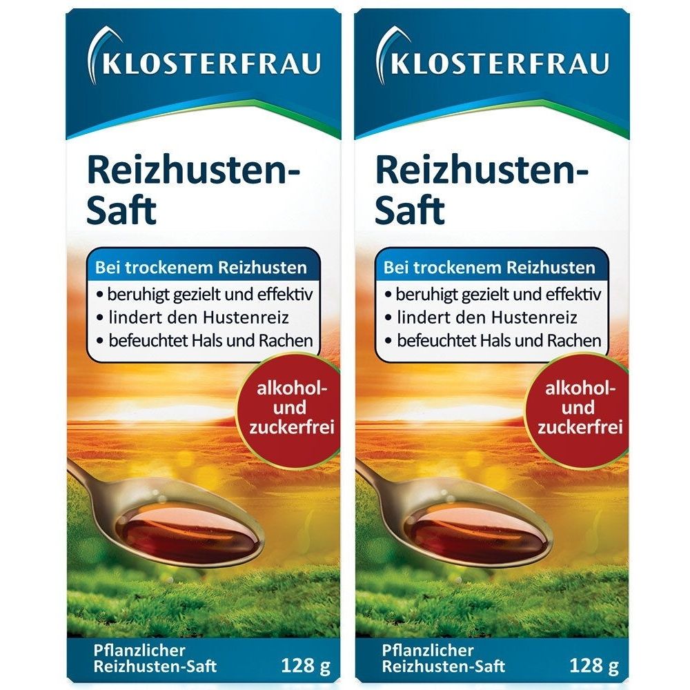 Zwei Packungen Hustensaft. Aufschrift: KLOSTERFRAU Reizhusten-Saft. Mit Angaben zu Inhaltsstoffen und Wirkung. Aufdruck: alkohol- und zuckerfrei.