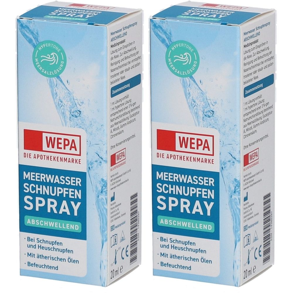 Zwei rechteckige Kartons mit blau-weißem Design. Aufschrift: Meerwasser Schnupfen Spray abschwellend. Marke WEPA.