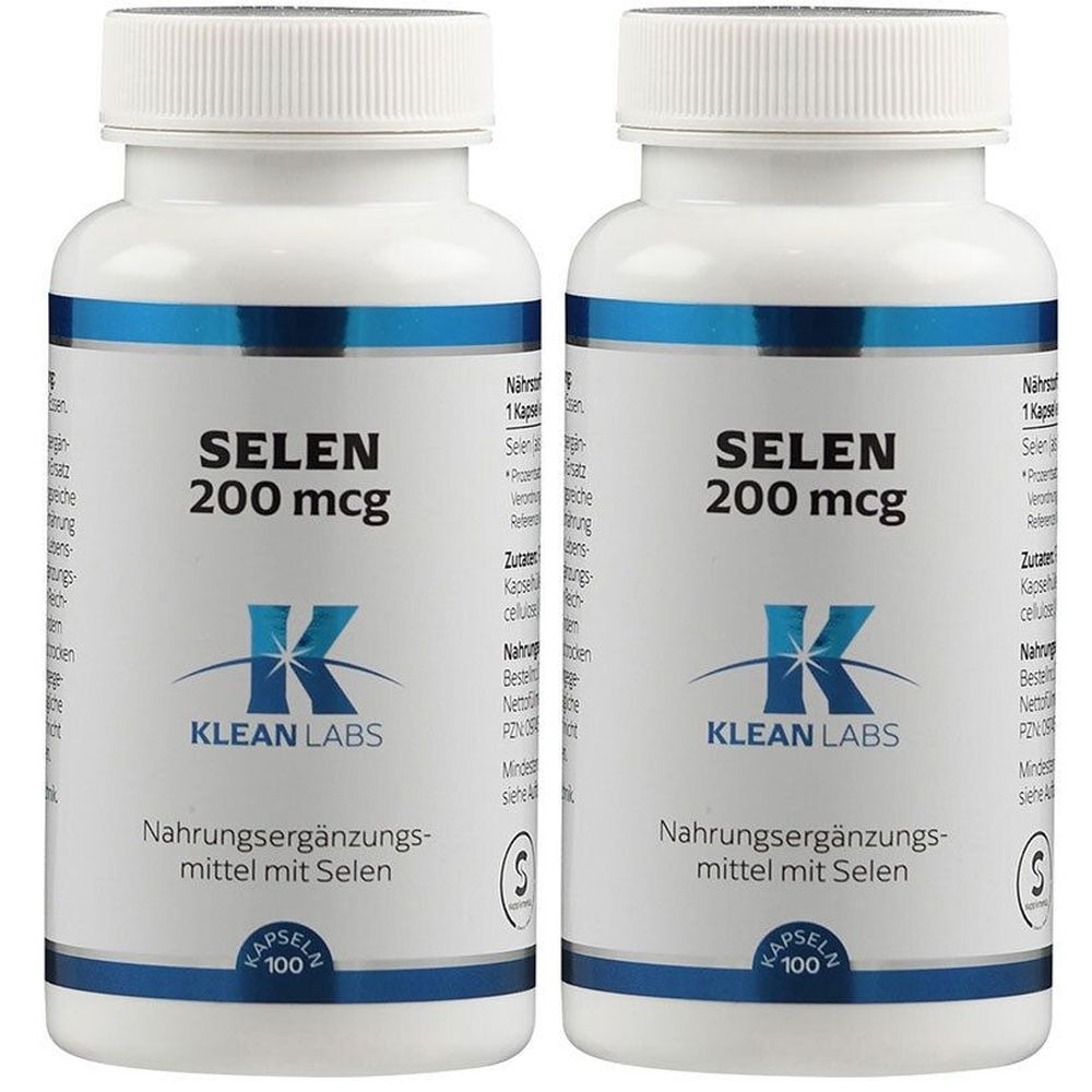 Zwei weiße Flaschen mit Schraubverschluss. Aufschrift SELEN 200 mcg, Marke KLEAN LABS. Nahrungsergänzungsmittel mit Selen. Kapseln 100.