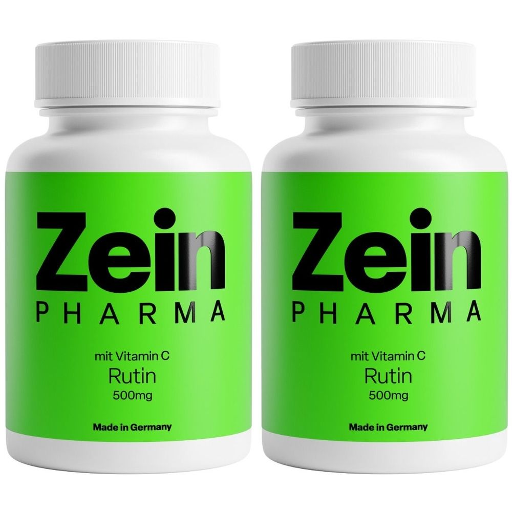 Zwei weiße Flaschen mit grünem Etikett. Aufschrift: Zein Pharma, Rutin 500mg, Made in Germany.