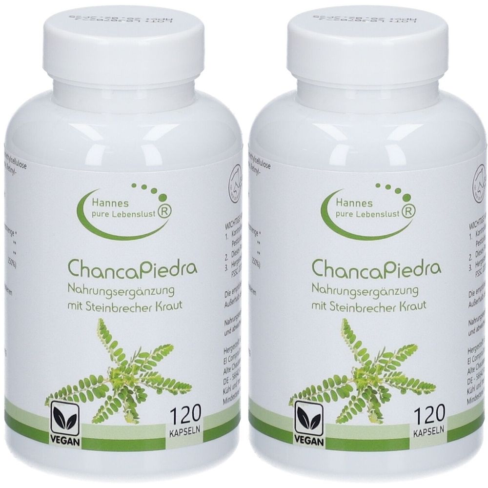 Zwei weiße Flaschen mit dem Produktnamen ChancaPiedra. Aufschrift: Nahrungsergänzung mit Steinbrecher Kraut. Vegan-Siegel. 120 Kapseln.