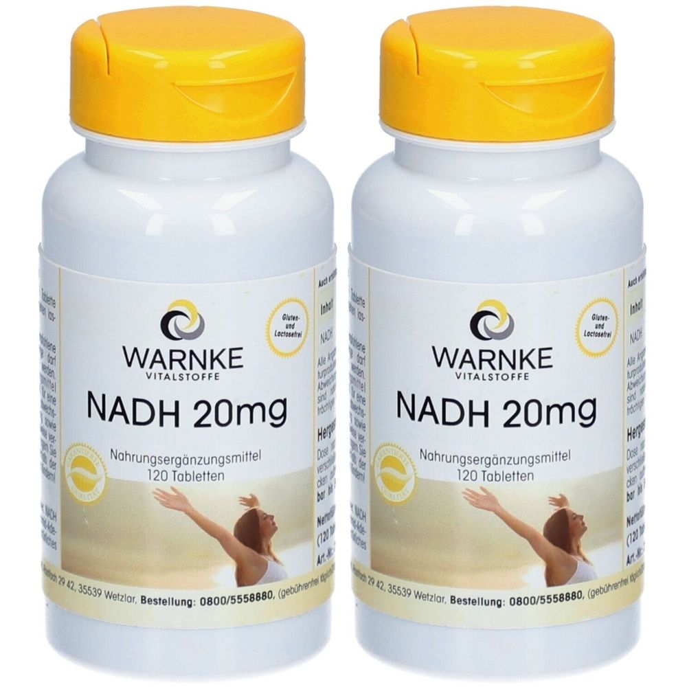 Zwei weiße Flaschen mit gelben Deckeln. Auf den Etiketten steht "WARNKE VITALSTOFFE NADH 20mg". 120 Tabletten. Nahrungsergänzungsmittel.