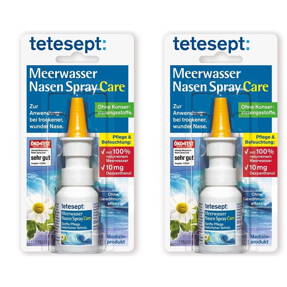 Zwei Nasenspray-Flaschen mit gelbem Sprühkopf und weißer Flasche. Auf der Verpackung steht "tetesept Meerwasser Nasen Spray Care".