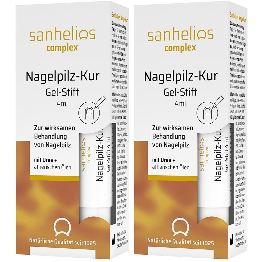 Zwei Packungen Nagelpilz-Kur Gel-Stift. Weiße Stifte in Kartons mit Produktinformationen. Marke: sanhelios complex. 4 ml.