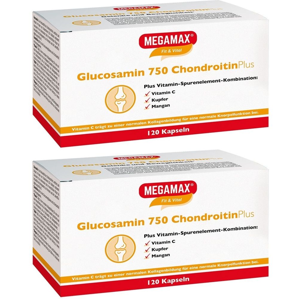 Zwei weiße Kartons mit roter und gelber Schrift. Aufschrift: MEGAMAX Glucosamin 750 Chondroitin Plus. Enthält 120 Kapseln.