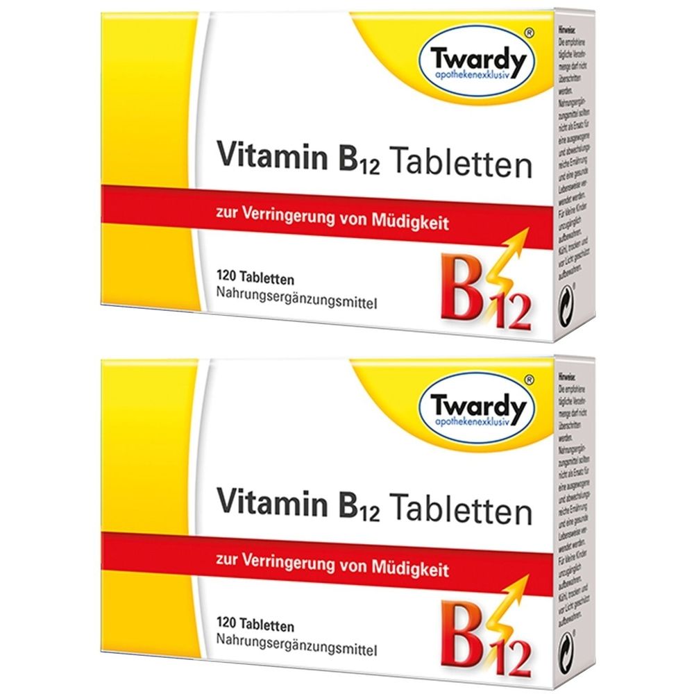 Zwei Schachteln Twardy Vitamin B12 Tabletten. Aufschrift: Vitamin B12 Tabletten, 120 Tabletten, Nahrungsergänzungsmittel.