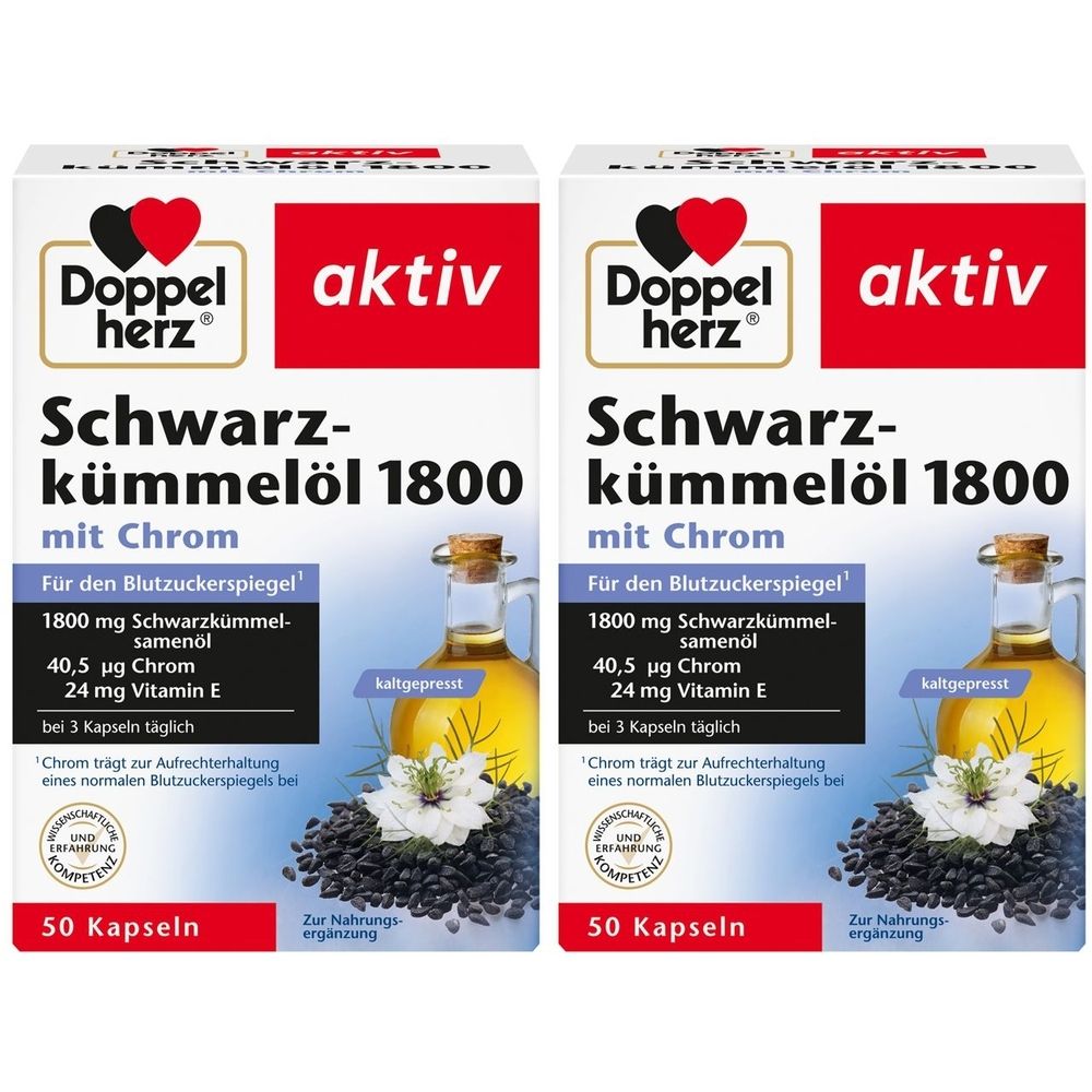 Zwei Packungen Doppelherz Schwarzkümmelöl 1800 mit Chrom. Aufschrift: 50 Kapseln. Enthält Schwarzkümmelöl, Chrom und Vitamin E. Mit Qualitätszeichen.