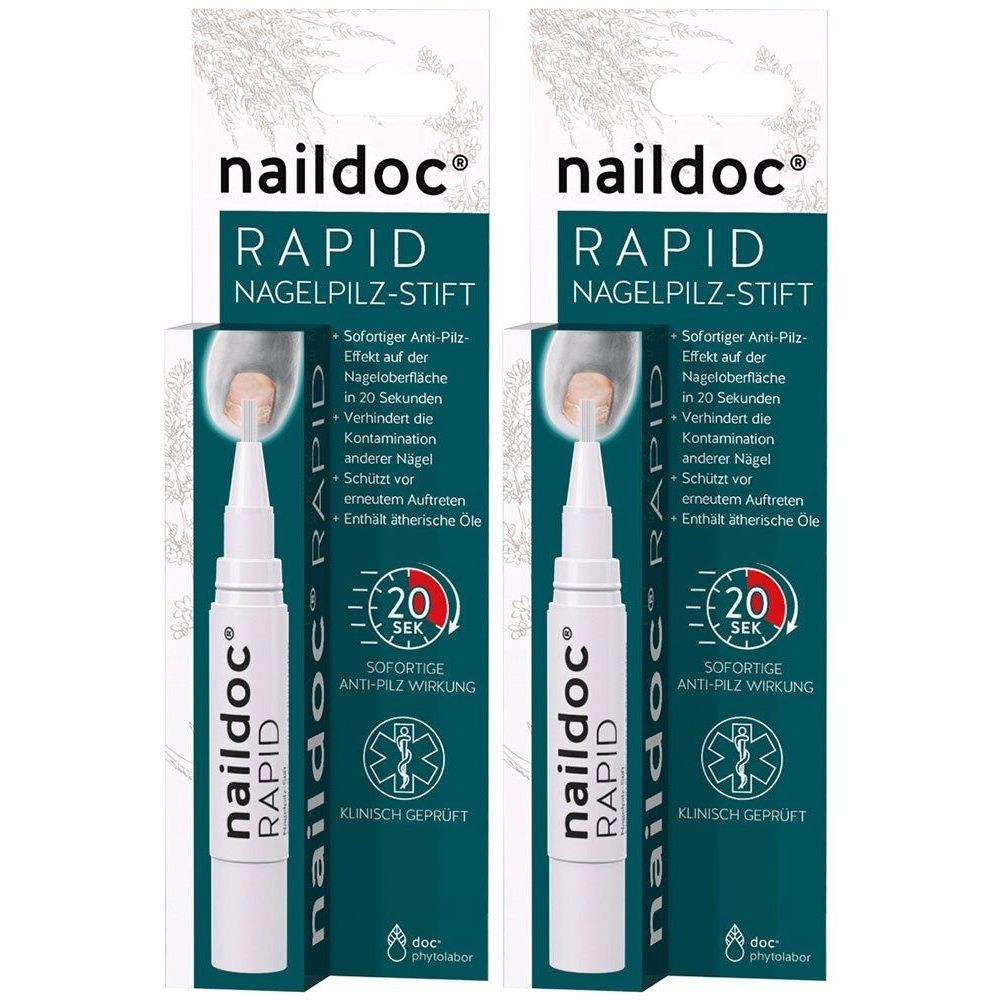 Zwei Stifte in Verpackung. Aufschrift: naildoc RAPID Nagelpilz-Stift. Mit Applikator. Klinisch geprüft. Sofortige Anti-Pilz Wirkung.