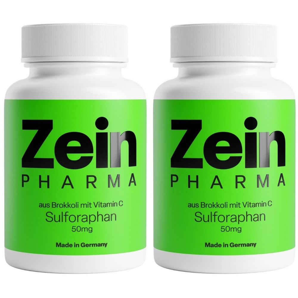 Zwei weiße Pillendosen mit grünem Etikett. Aufschrift: Zein Pharma, Sulforaphan 50mg. Hergestellt in Deutschland.