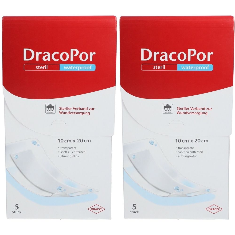 Zwei Packungen DracoPor, steril, wasserdicht. Jede Packung enthält 5 Stück. Größe: 10 cm x 20 cm. Transparentes Verbandsmaterial.