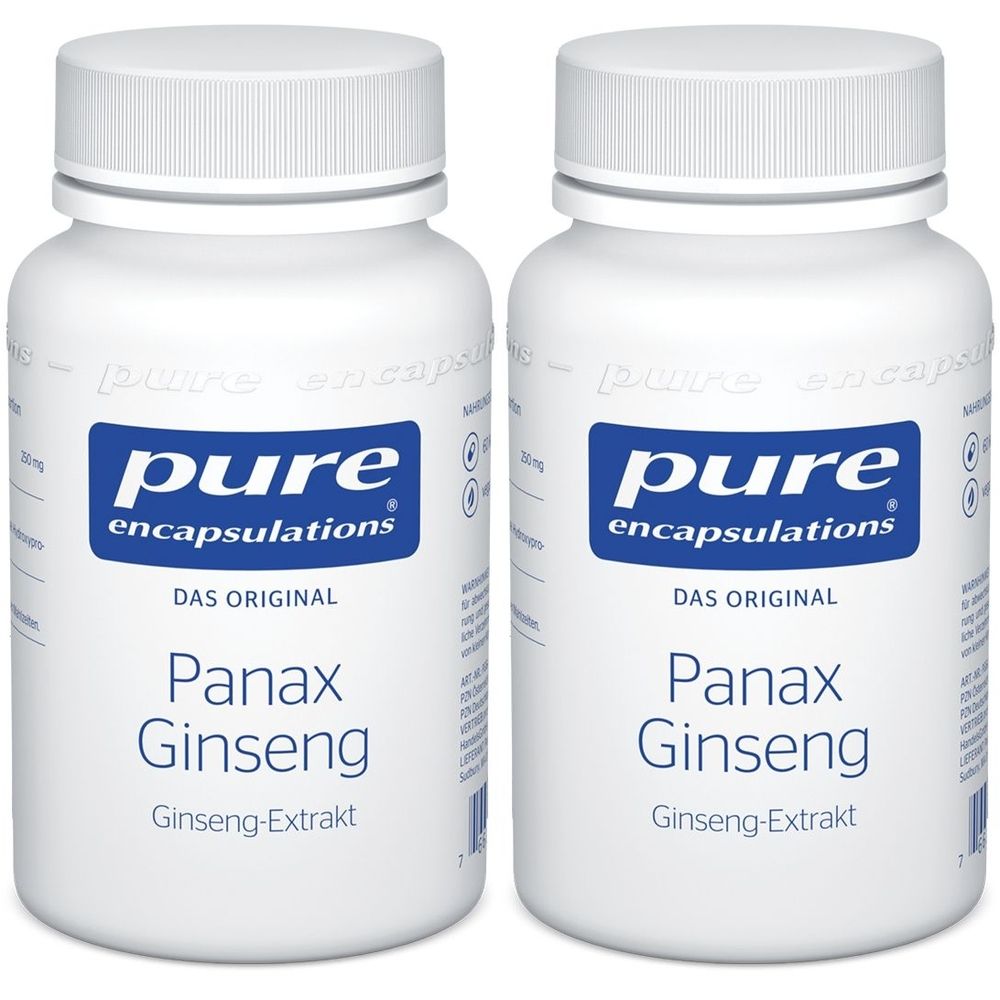Zwei weiße Flaschen mit blauen Etiketten. Aufschrift: pure encapsulations, Panax Ginseng, Ginseng-Extrakt.