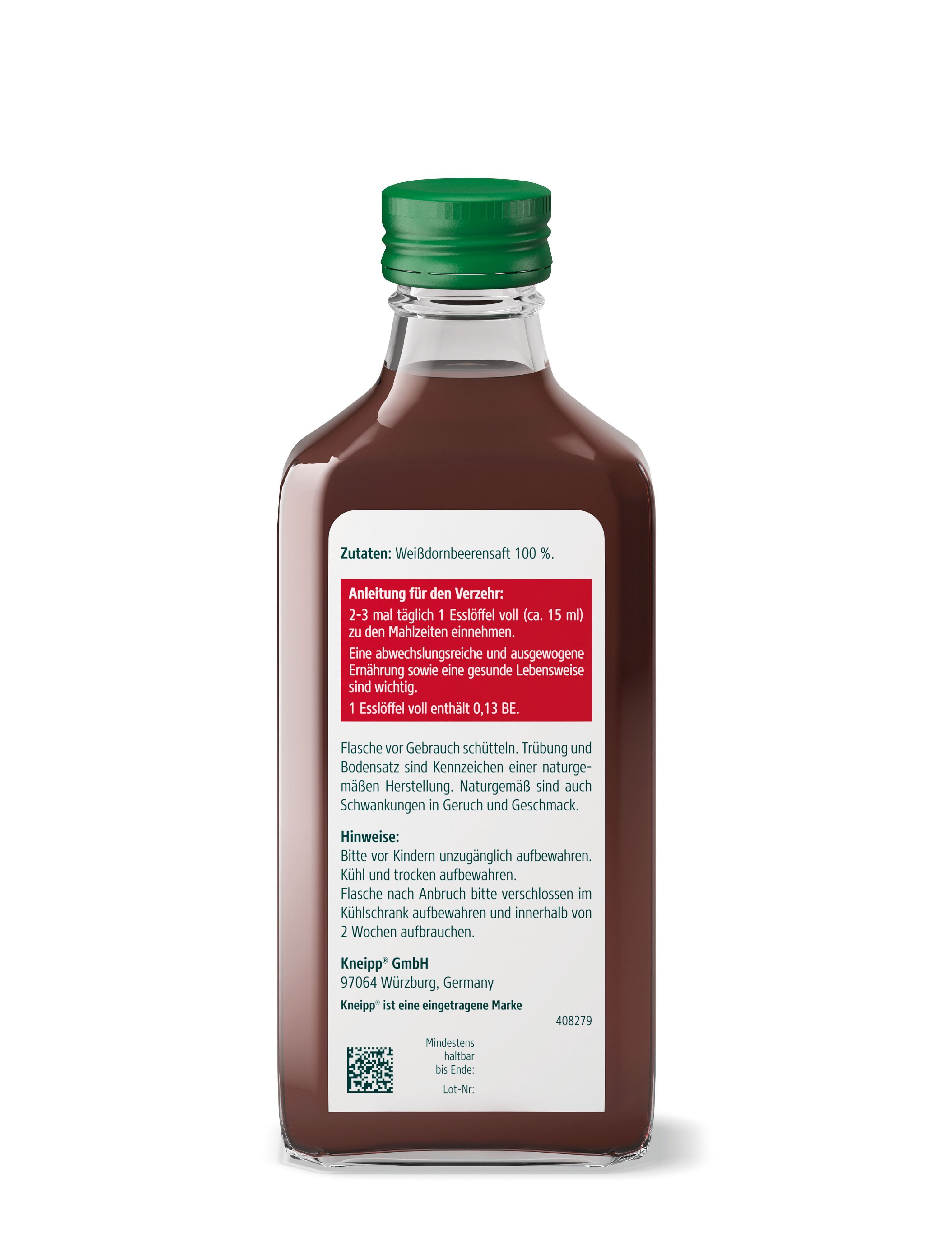 Rückseite einer Flasche Kneipp Weißdorn Beerensaft mit Zutaten und Anwendungshinweisen. Der Saft ist in einer braunen Glasflasche mit grünem Verschluss.