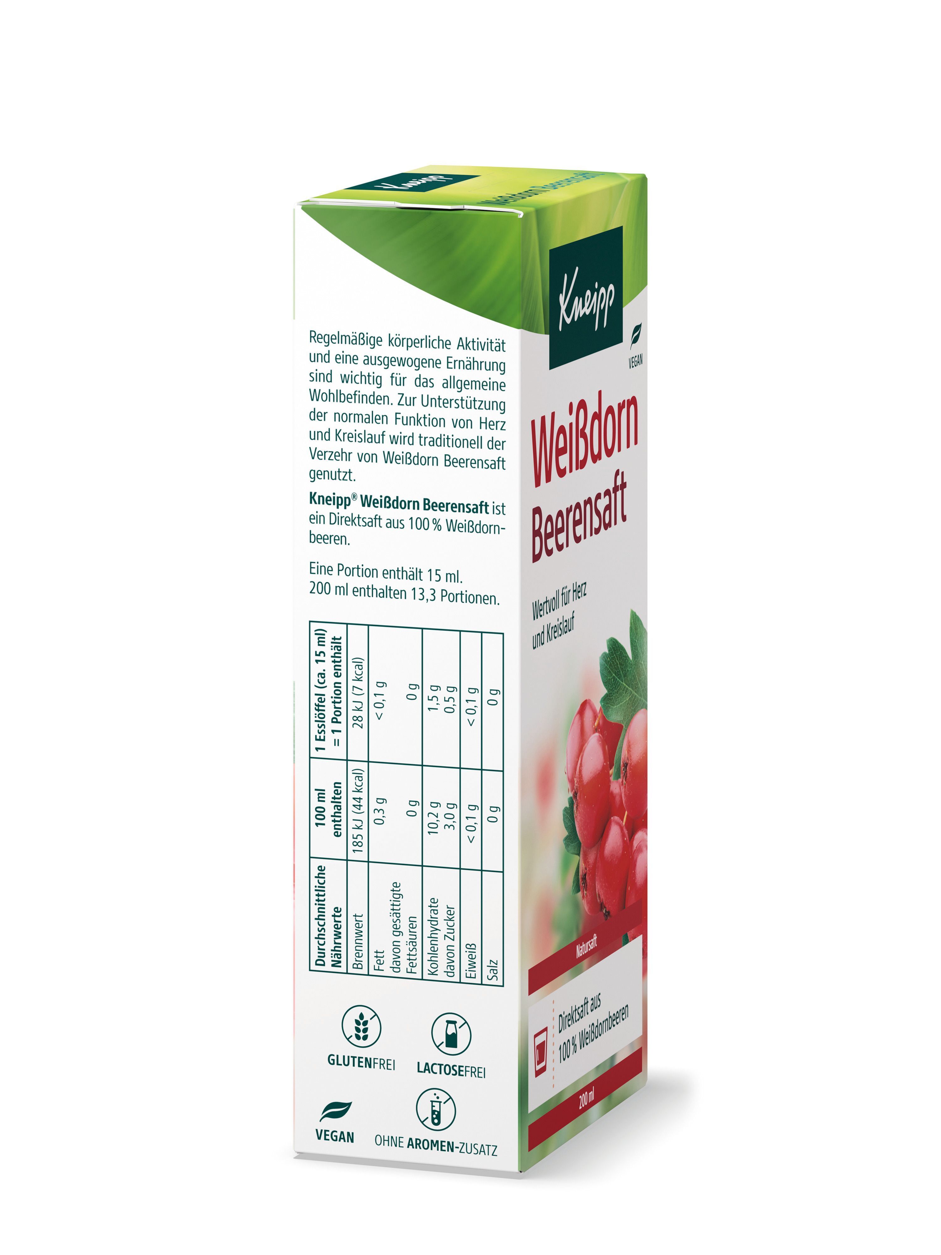 Rückseite einer Schachtel Kneipp Weißdorn Beerensaft mit Nährwertangaben und Siegeln wie Glutenfrei, Laktosefrei und Vegan.