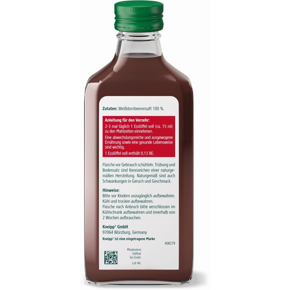 Rückseite einer Flasche Kneipp Weißdorn Beerensaft mit detaillierten Anwendungshinweisen und Herstellerinformationen.