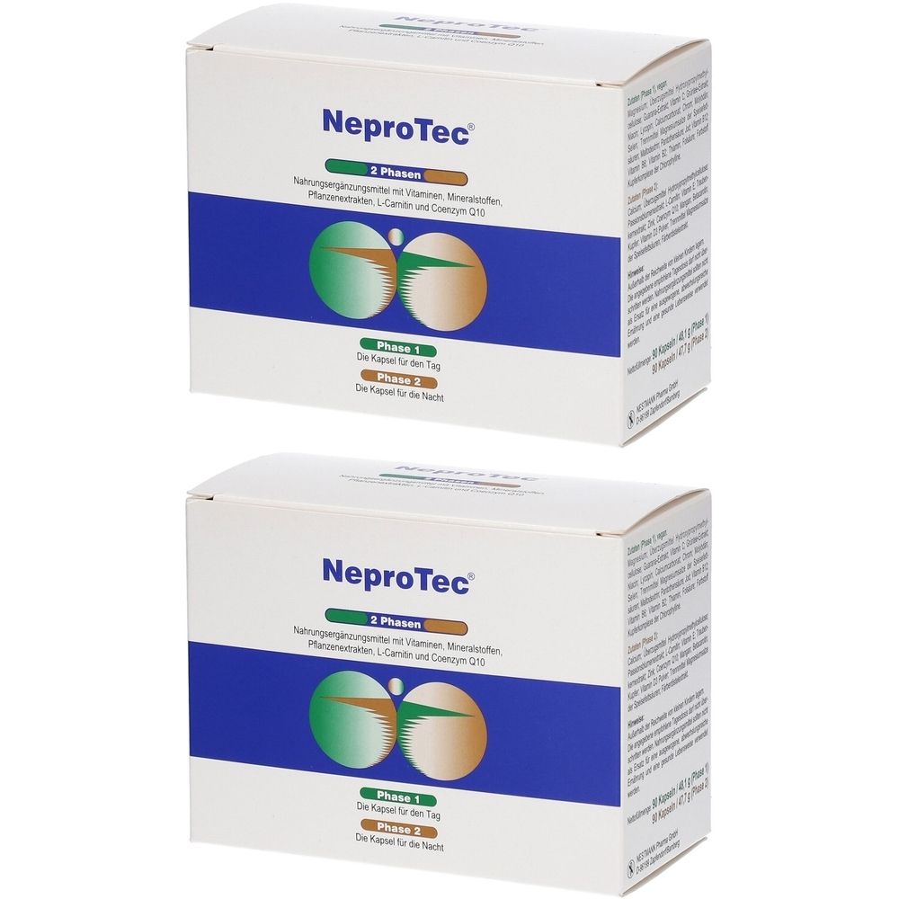 Zwei weiße Kartons mit blauer und grüner Grafik. Aufschrift: NeproTec, 2 Phasen. Text: Nahrungsergänzungsmittel mit Vitaminen, Mineralstoffen.