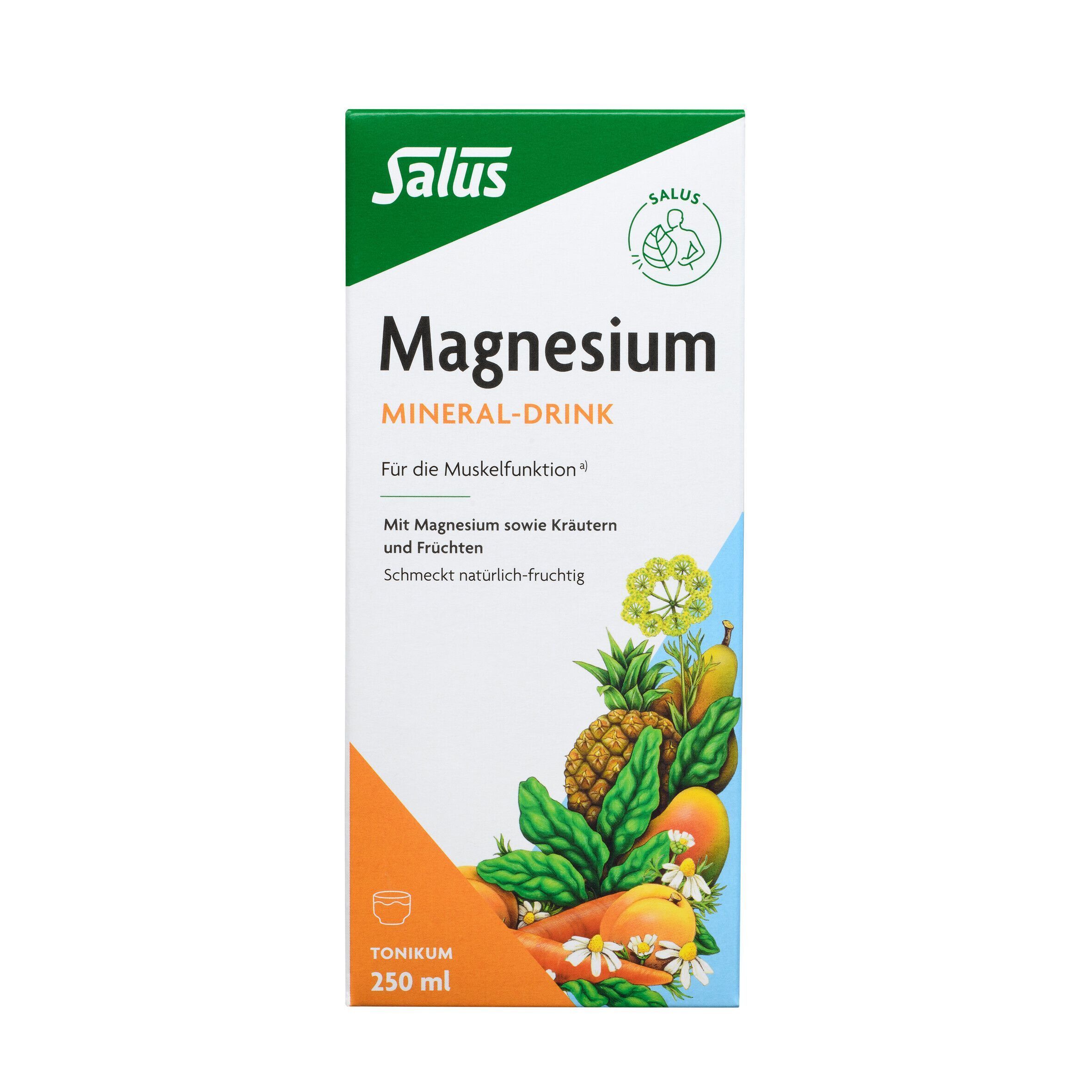 Karton Salus Magnesium Mineral-Drink, 250 ml, mit Abbildungen von Früchten und Kräutern.